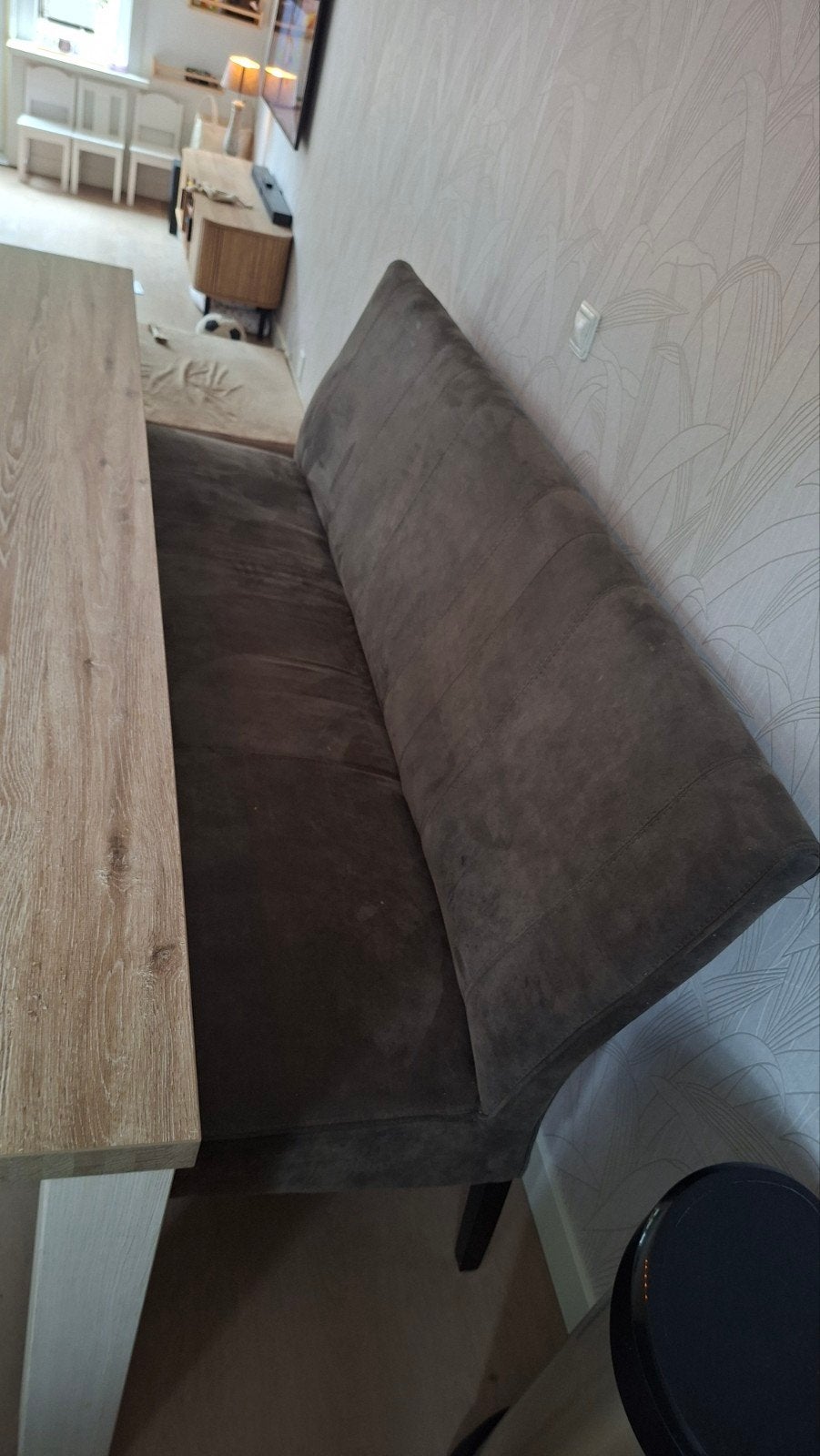 Grijze gestoffeerde eetbank voor 4 personen, Huis en Inrichting, Stoelen, Ophalen, Gebruikt, Drie, Modern