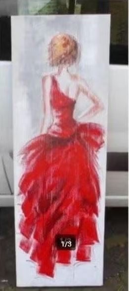 Mooi Geschilderd Werk 'Vrouw met Gala Kleed' - 150x50, Doek, Portret of Personen, Ophalen of Verzenden, Olieverf