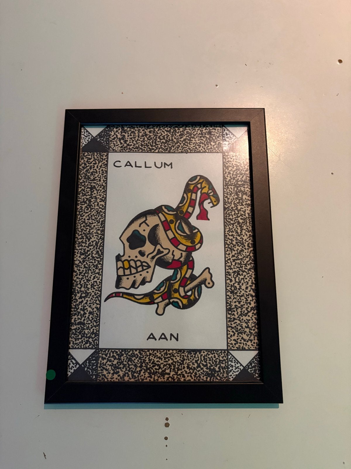 Ingelijste tattoo-print: schedel met slang, Huis en Inrichting, Woonaccessoires | Schilderijen, Tekeningen en Foto's, Gebruikt