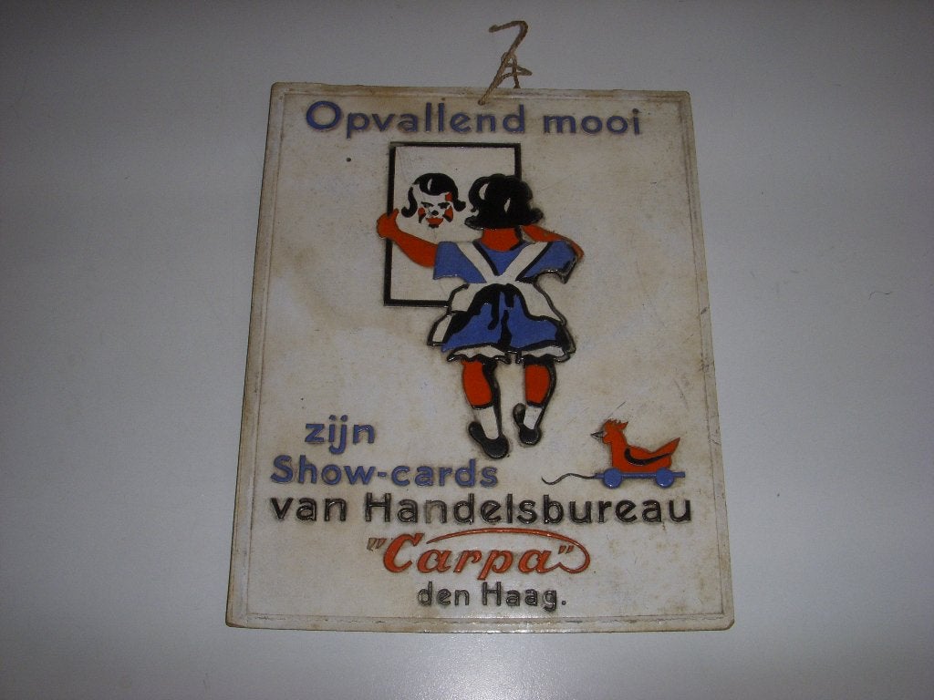 Jaren 30 reclamebordje voor showcards Carpa Den Haag, Ophalen of Verzenden, Gebruikt, Reclamebord