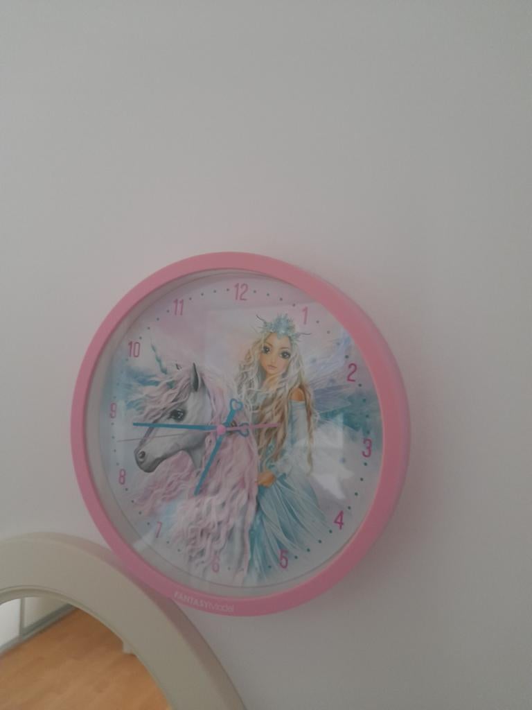 Bijna gratis Topmodel roze kinder klok princess met unicorn, Ophalen of Verzenden, Gebruikt, Klok