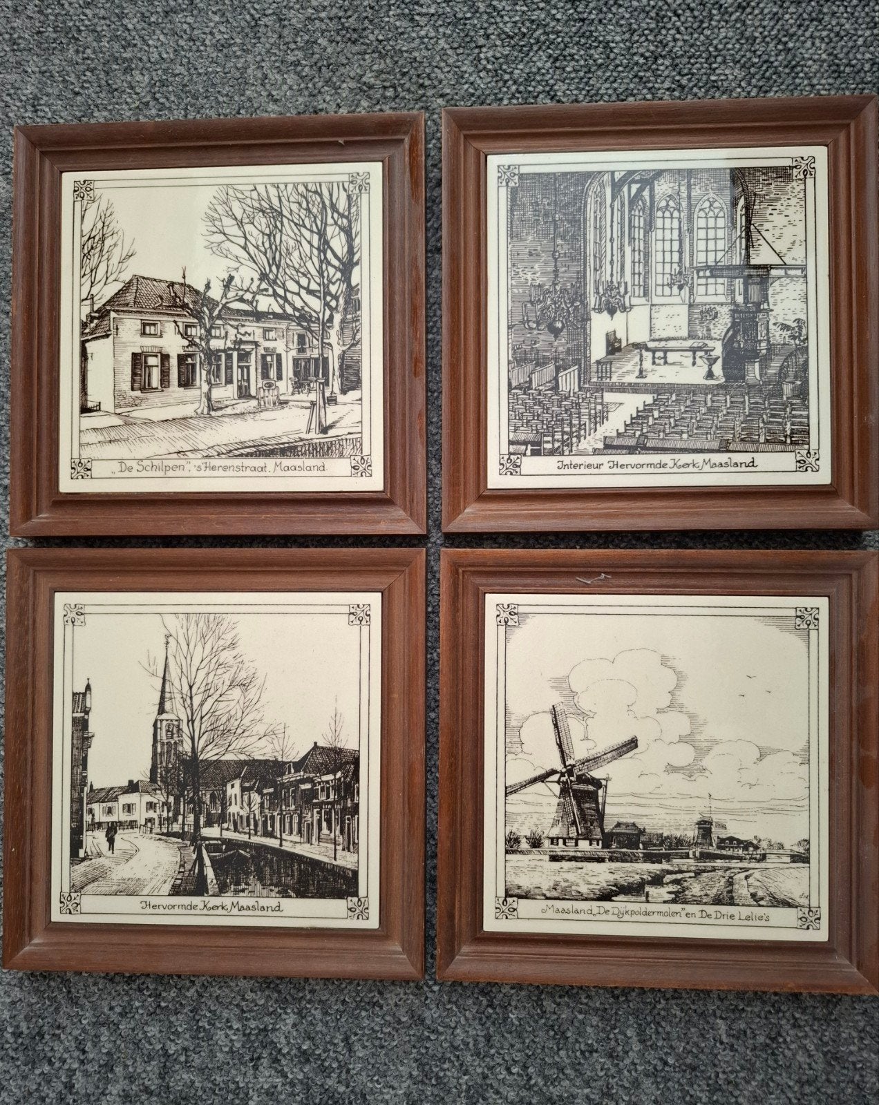Set van 4 ingelijste tegels met Maasslandse taferelen, Ophalen of Verzenden