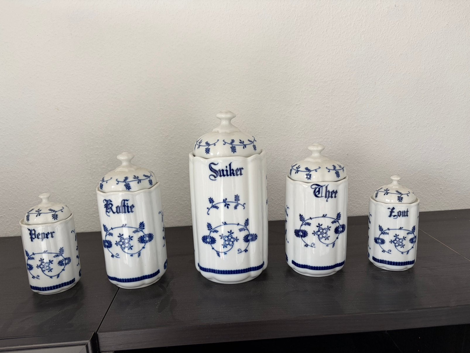 Vintage WVL Kruidenpotten Set - Blauw/Wit Porselein, Antiek en Kunst, Ophalen of Verzenden