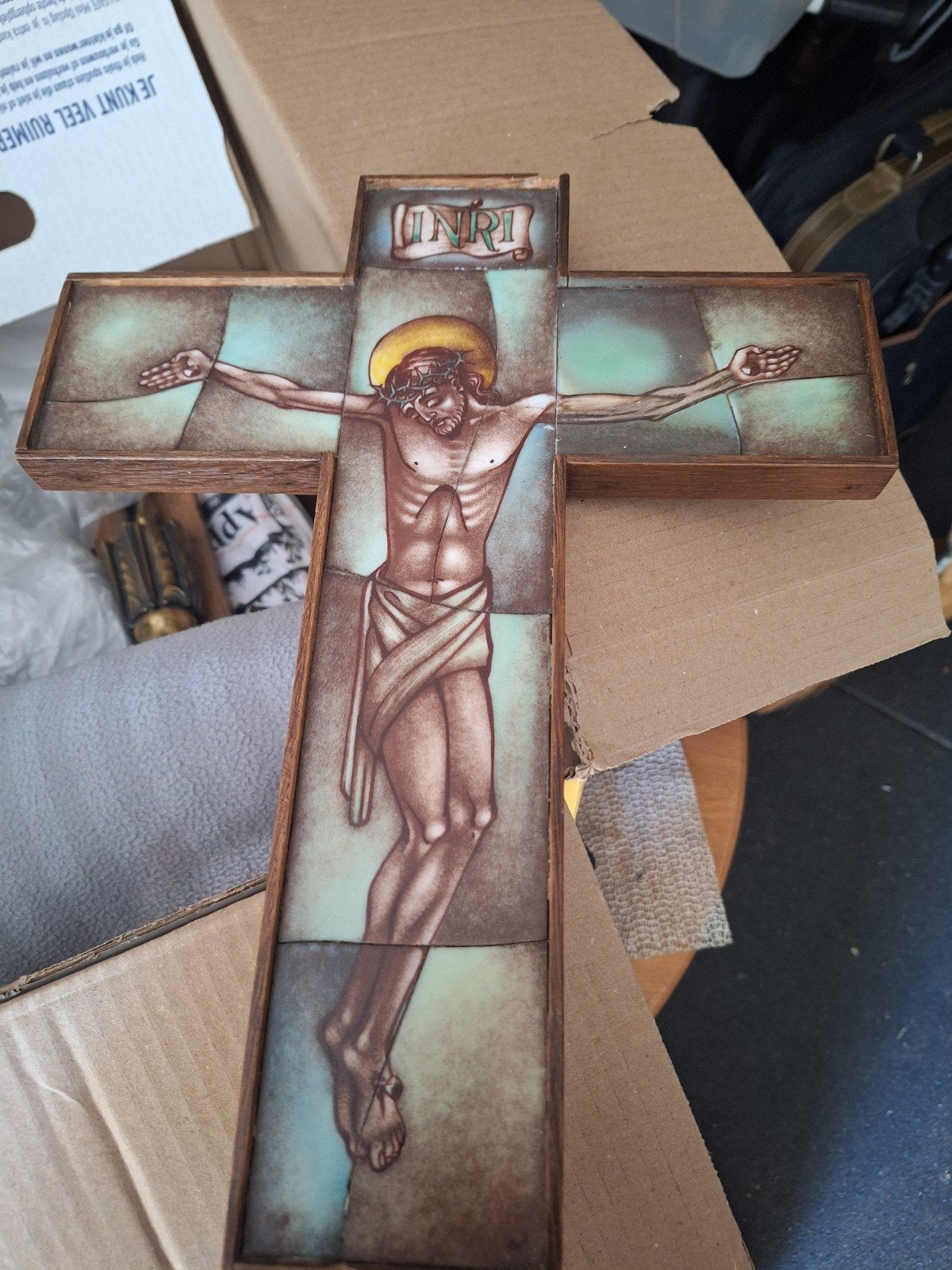 Houten kruis met Jezus figuur - Religieuze decoratie, Antiek en Kunst, Ophalen of Verzenden