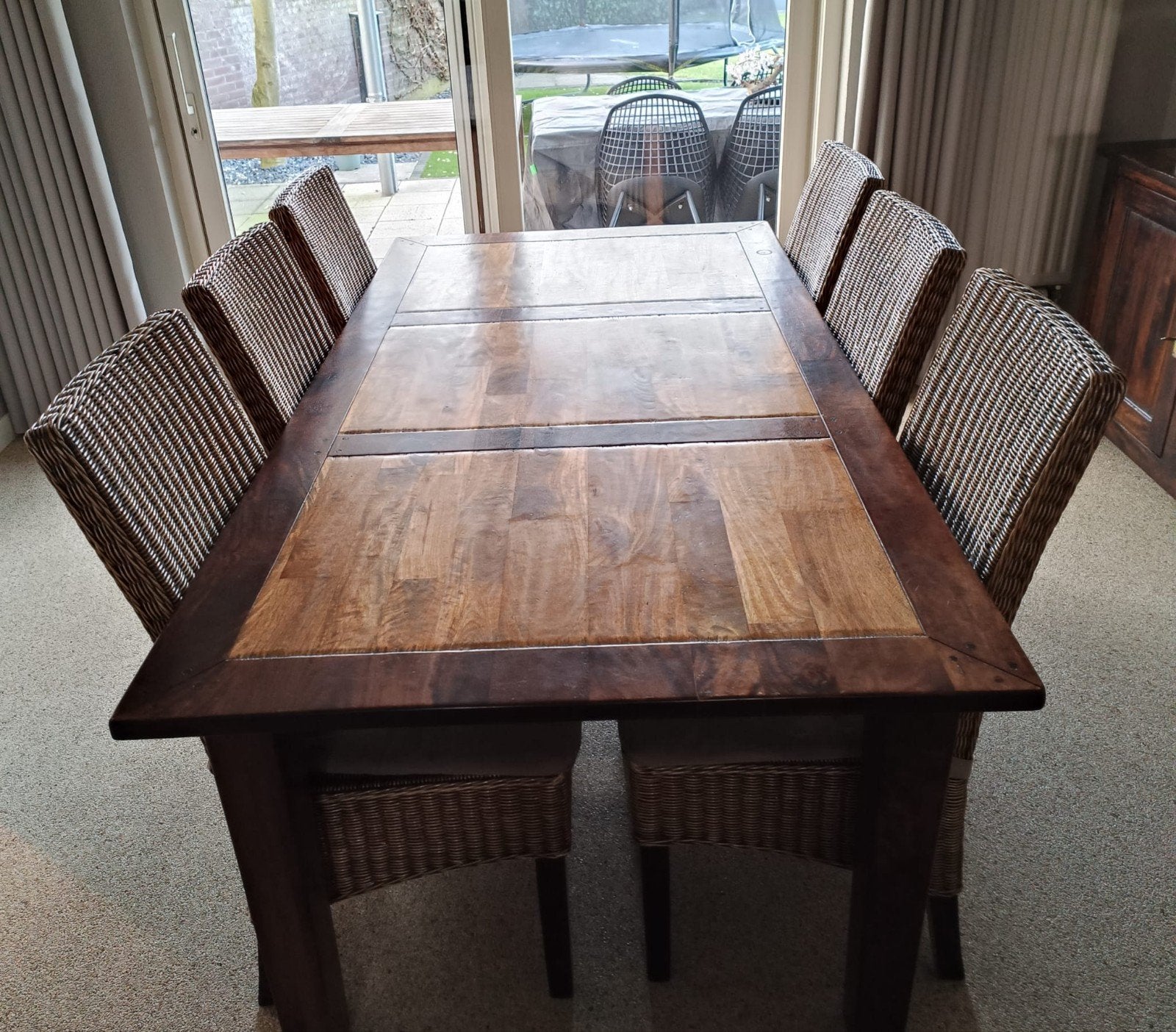Koloniale eettafel met 6 rieten stoelen (1.90x1.00x80cm), Ophalen, Gebruikt, Koloniaal, 50 tot 100 cm