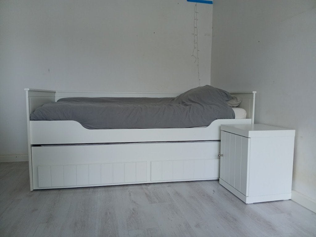 Bed 90x200 (uitschuifbaar mét extra matras) en lades, 85 tot 100 cm, Gebruikt, 180 cm of meer, Ophalen