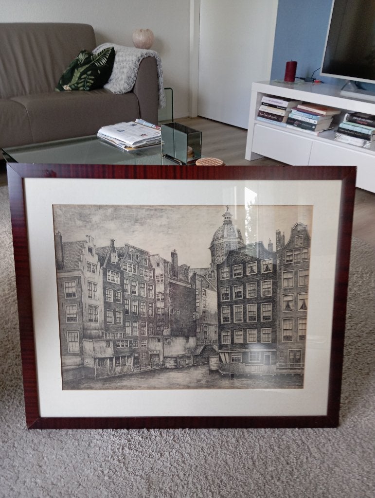 Pentekening of ets Oudezijds Kolk Amsterdam 1937, Antiek en Kunst, Kunst | Etsen en Gravures, Ophalen, Ets, 74 cm, 61 cm