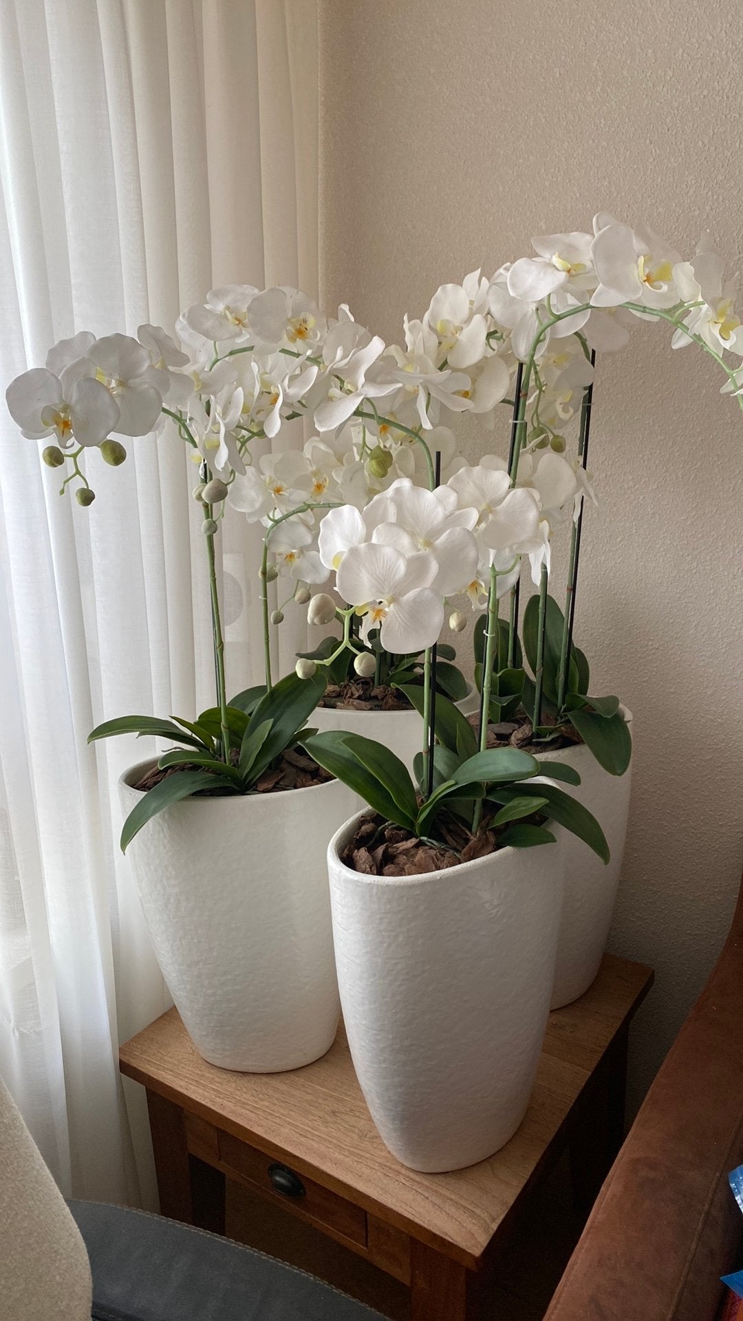 4 bloempotten met kunst orchideeën, Ophalen, Gebruikt, Kunstbloem, 108 cm