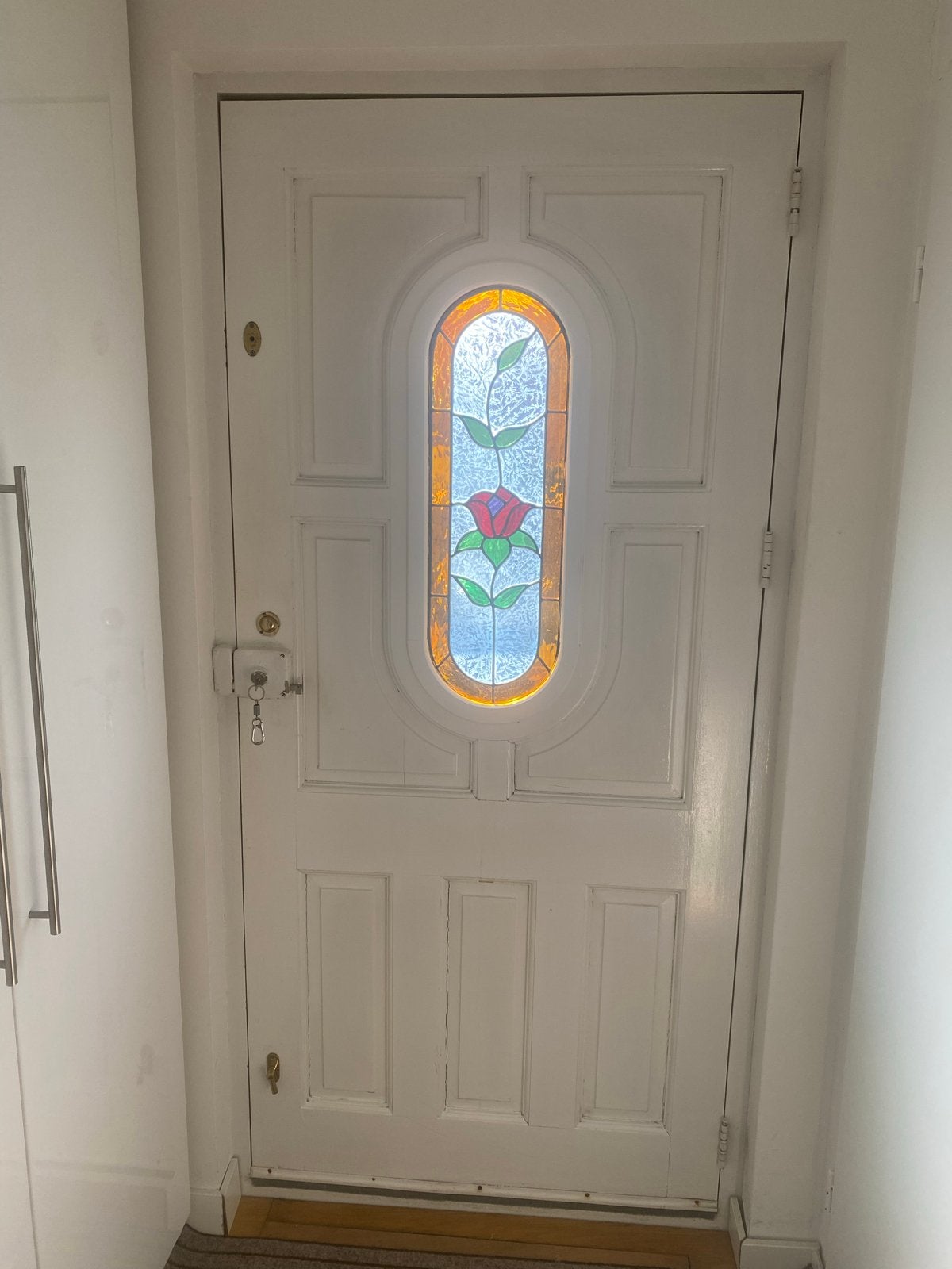 Witte buitendeur met glas-in-lood 92,5x201 cm, Gebruikt, 80 tot 100 cm, Ophalen of Verzenden, Buitendeur