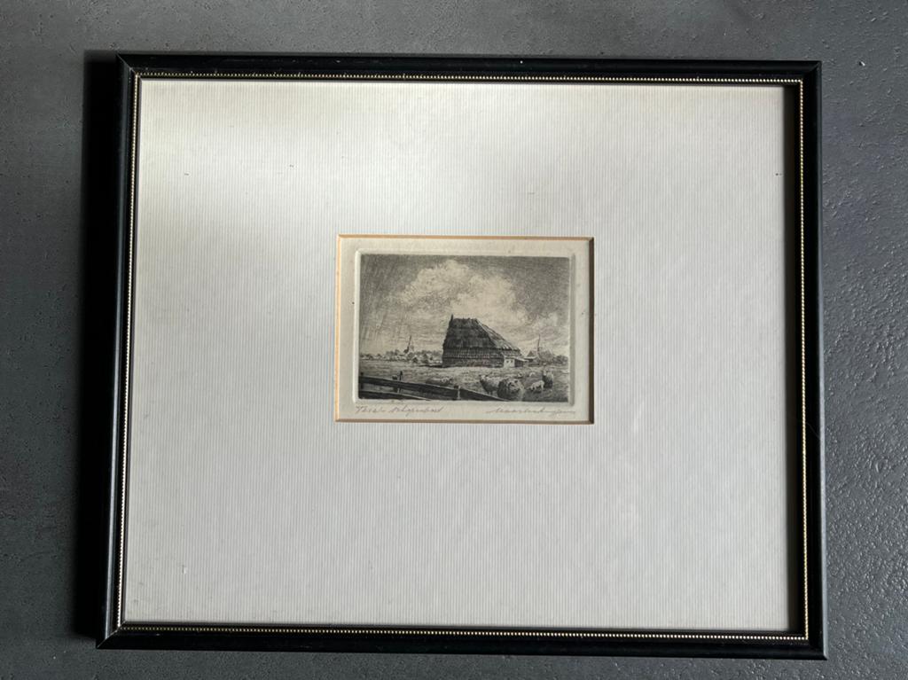 Ets Texel-Schapenboet met schapen en kerk, Maarten Langbroek, Antiek en Kunst, Kunst | Etsen en Gravures, Ets, Ingelijst, Landschap