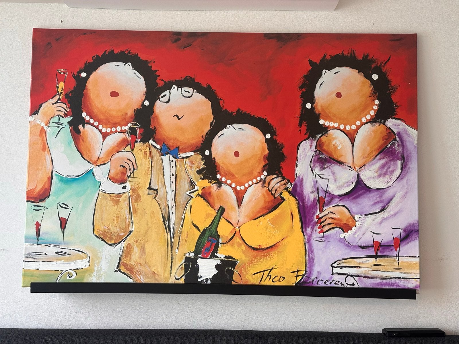 Theo Broeren - Borreltijd (80x120 cm), Ophalen, Figuren, Textiel, Gesigneerd