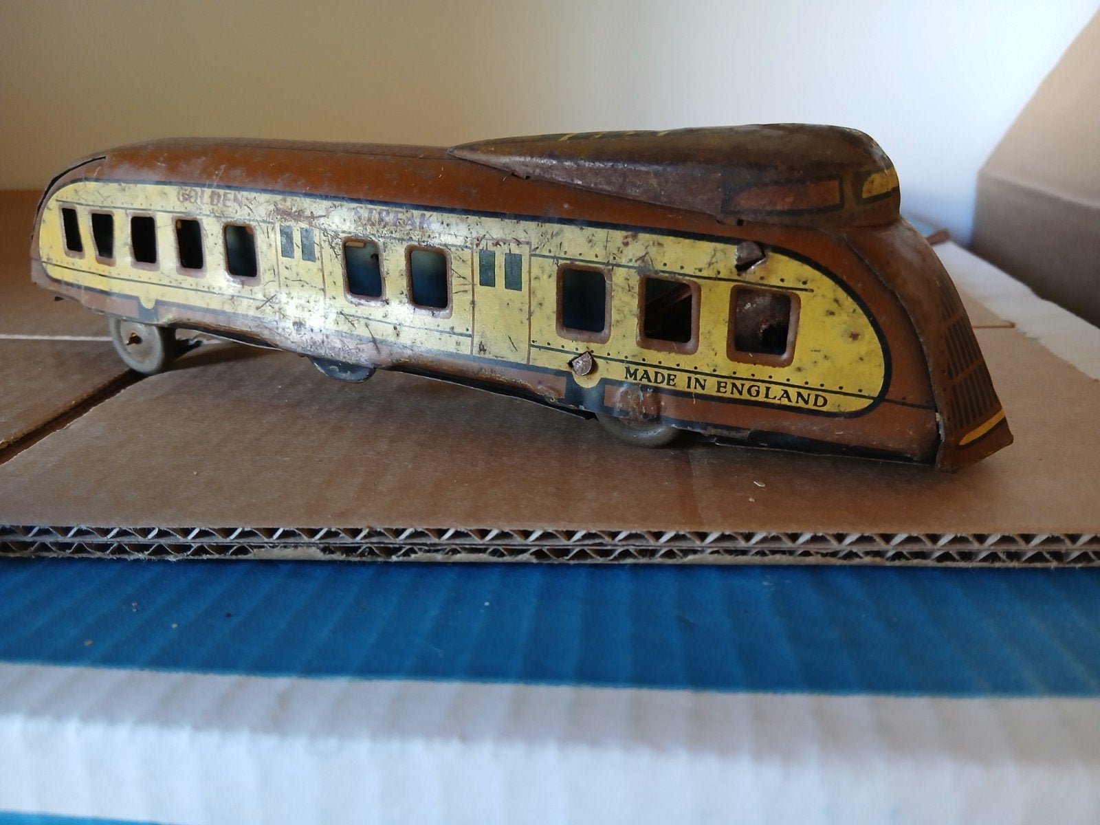 Vintage blikken trein 'Golden Streak' - Made in England, Ophalen of Verzenden, Gebruikt, Trein, Schaalmodel