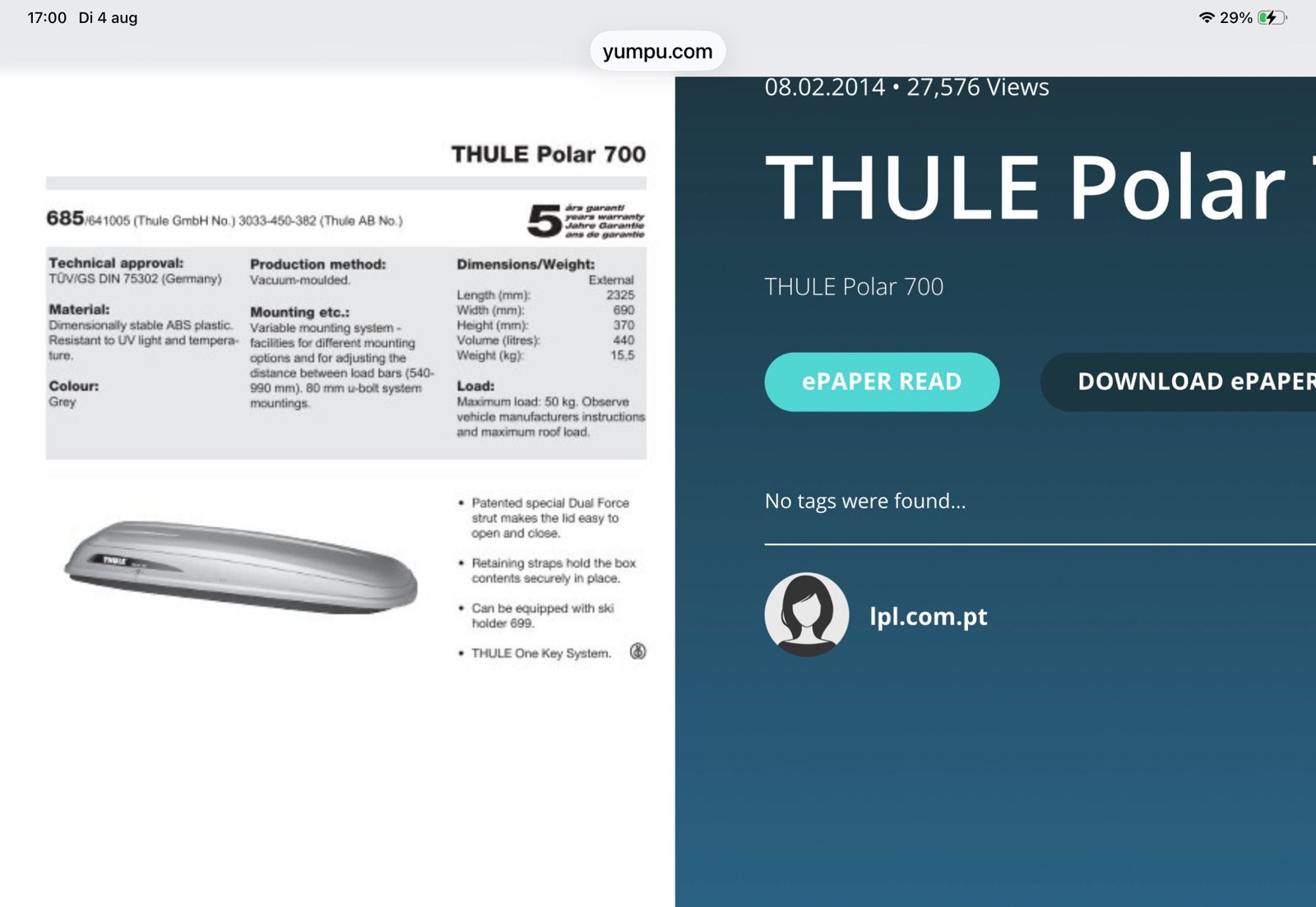 Dakkoffer Thule Polar 700, Ophalen, Gebruikt