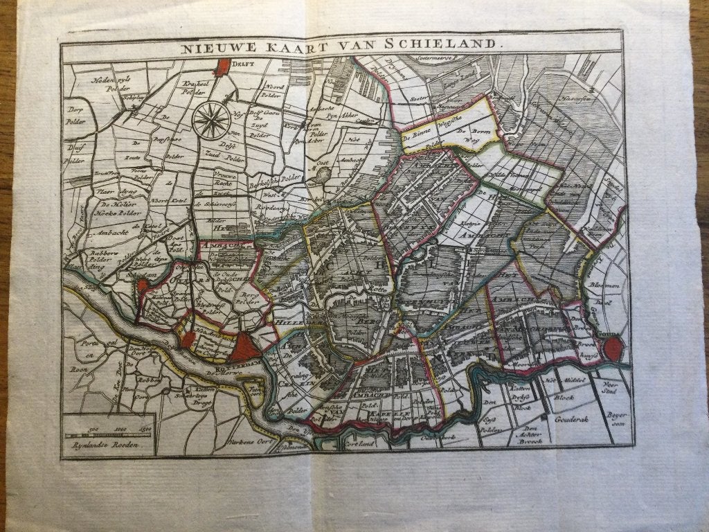 Rotterdam, Schiedam, Gouda, Delft,  de Leth, 1740, Antiek en Kunst, Cartografie, 25 cm, 21 cm, 1700 - 1799
