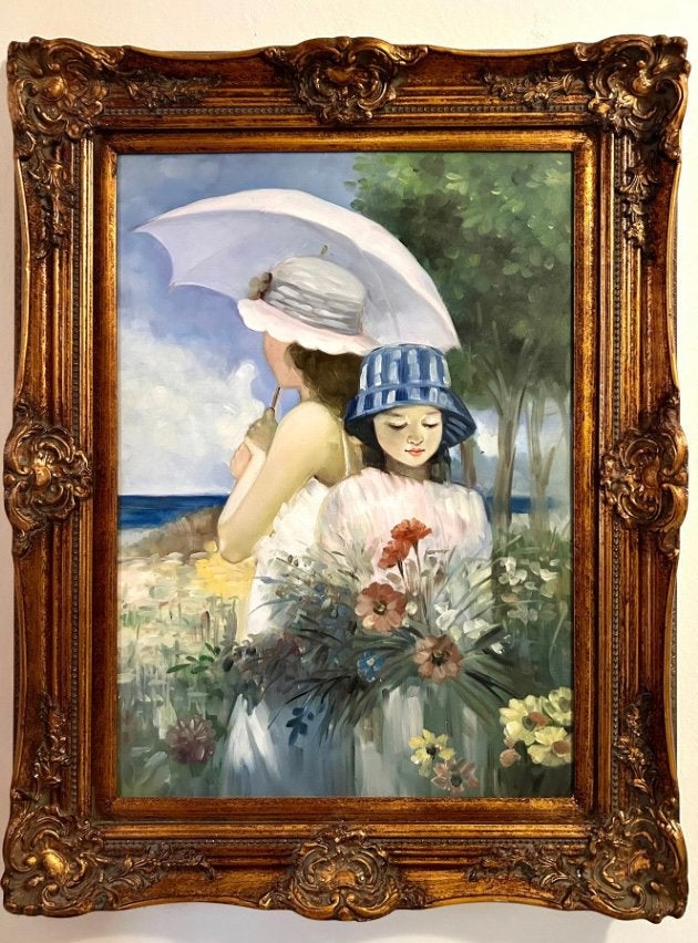 Filles dans le champ de fleurs - Charles Levier 1993, Antiek en Kunst, Ophalen, Doek, Portret of Personen, Bijzondere lijst