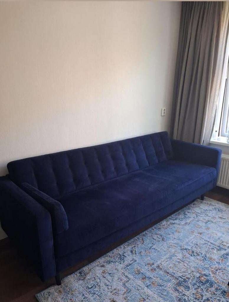 Stijlvolle donkerblauwe driepersoonsbank 50 euro!, Huis en Inrichting, Banken | Bankstellen, Ophalen, Driepersoons, 75 tot 100 cm
