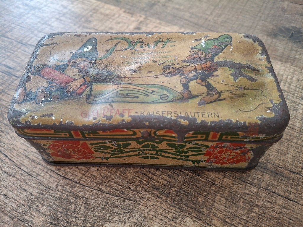 Antiek blikje van het Duitse naaimachinemerk Pfaff., Verzamelen, Blikken, Ophalen of Verzenden, Gebruikt, Overige, Overige merken