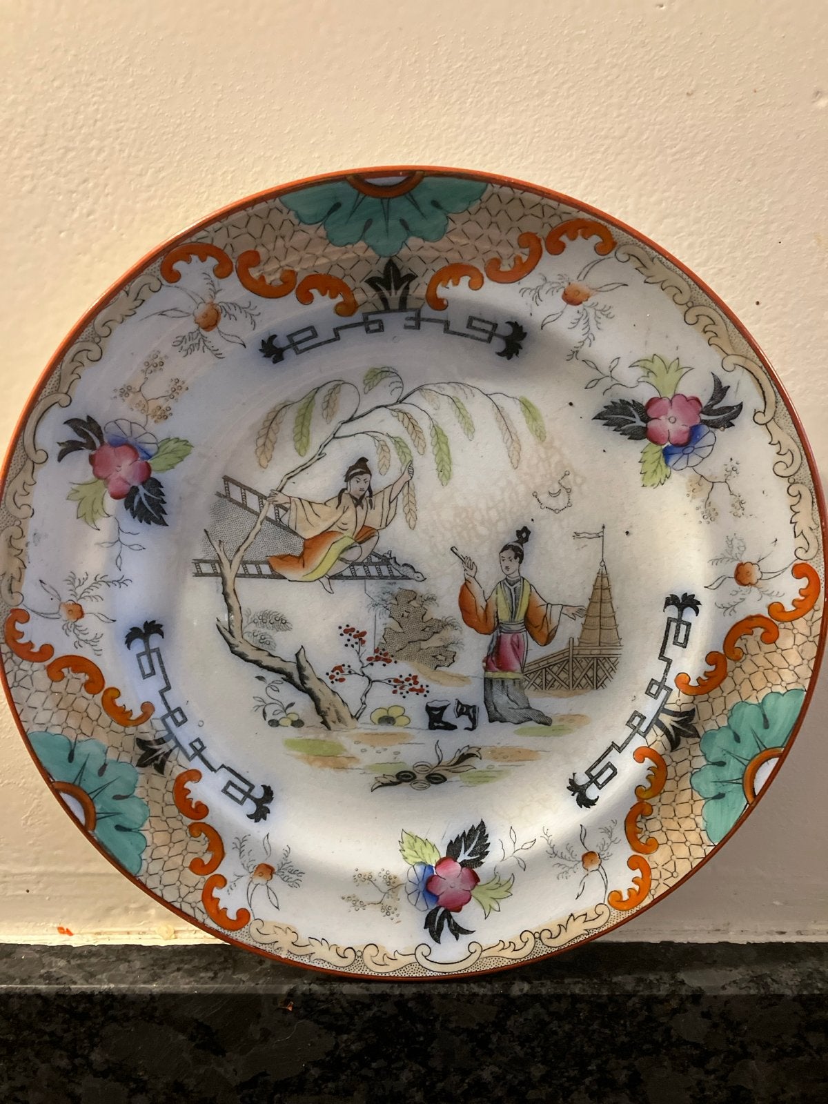Antiek Timor bord met handgeschilderde decoratie, Ophalen of Verzenden