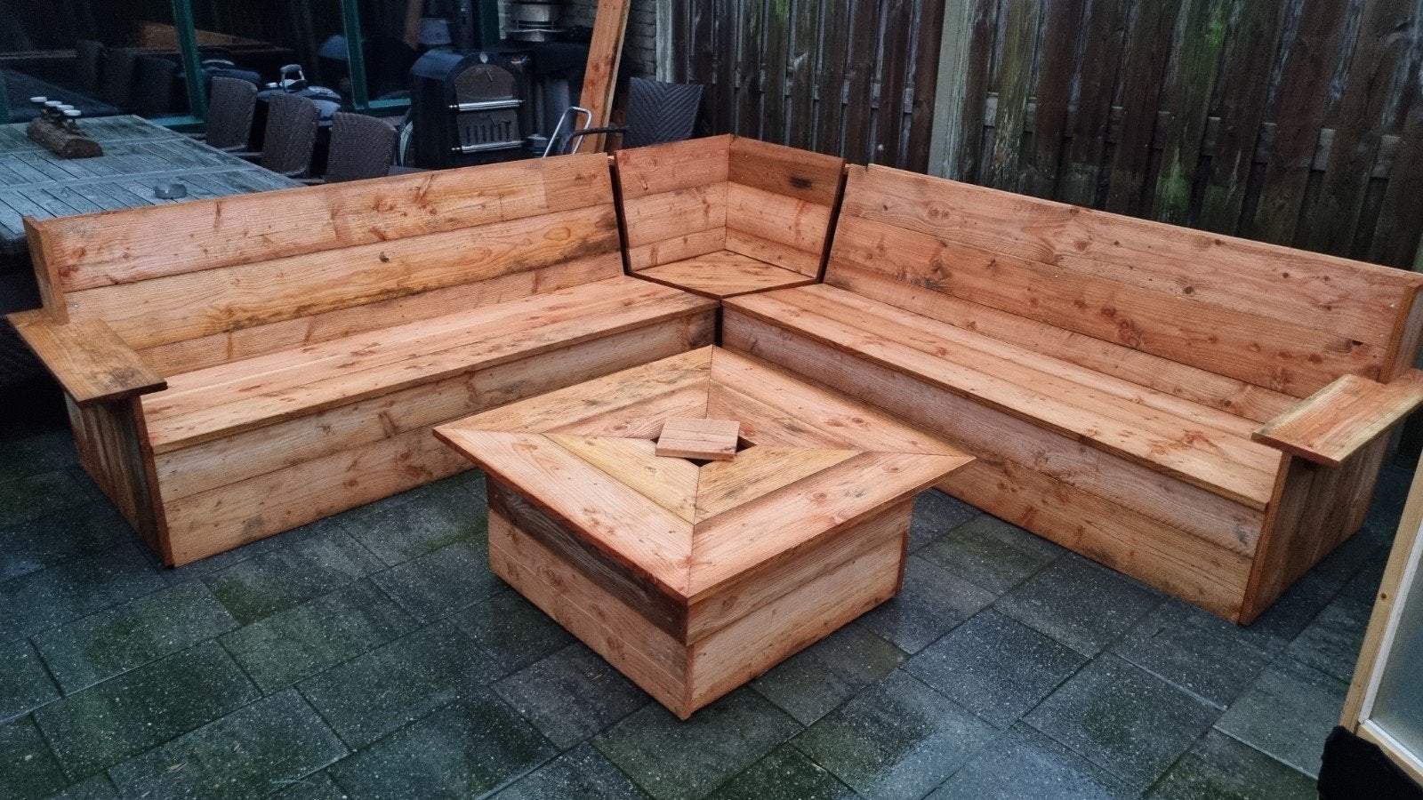 hoekbank tuin met tafel steigerhout, Tuin en Terras, Tuinsets en Loungesets, Ophalen, Steigerhout