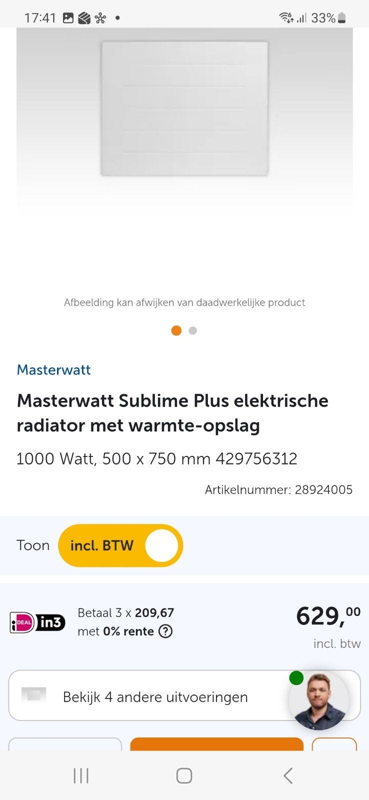 Masterwatt Sublime Plus Elektrische Radiator 1000W, 30 tot 80 cm, Gebruikt, Radiator, Ophalen of Verzenden