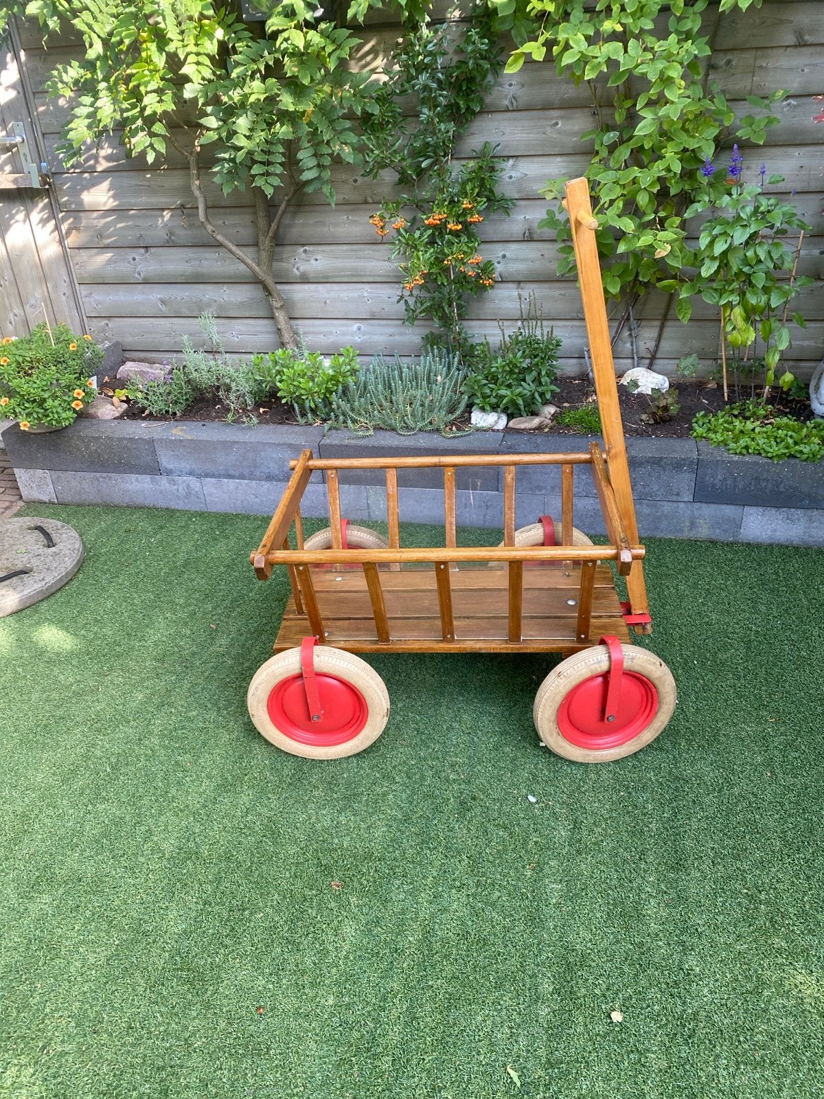 Vintage bolderkar - Houten bolderwagen met rode wielen, Caravans en Kamperen, Ophalen of Verzenden, Gebruikt