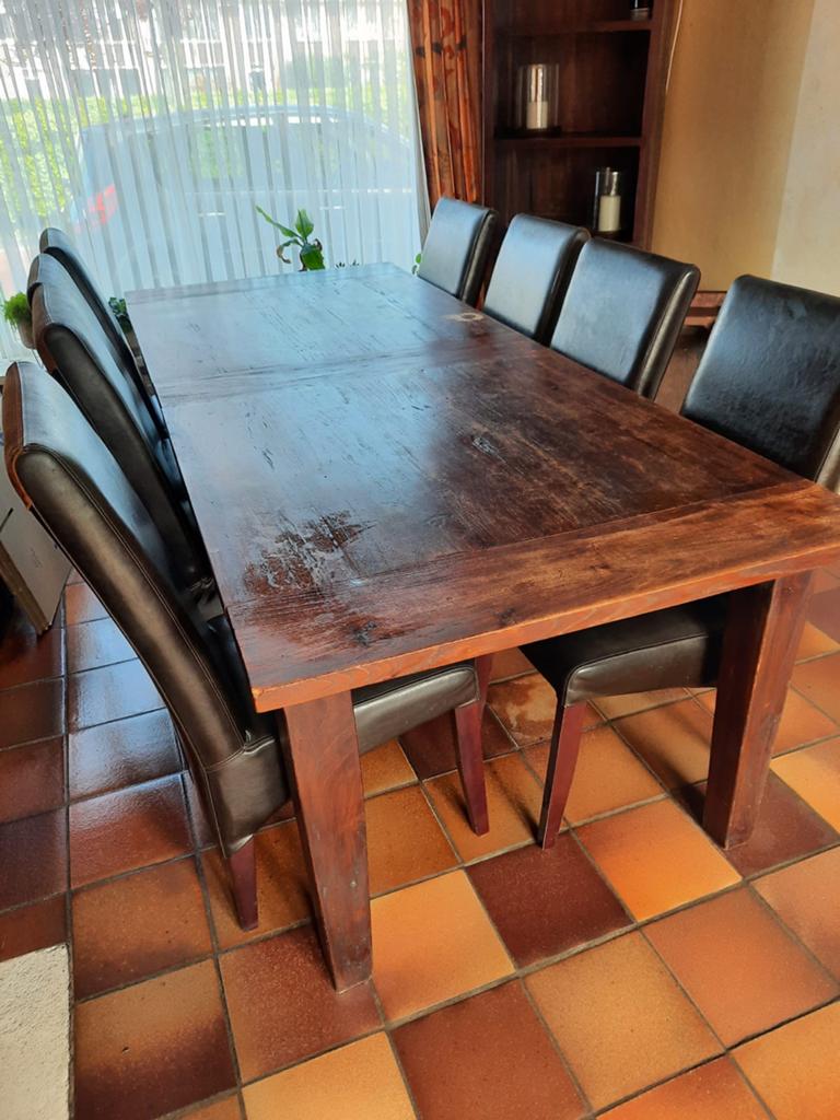 8-persoons Teakhouten Eettafel met 8 Lederen Stoelen, Ophalen, Gebruikt, Teakhout, 200 cm of meer