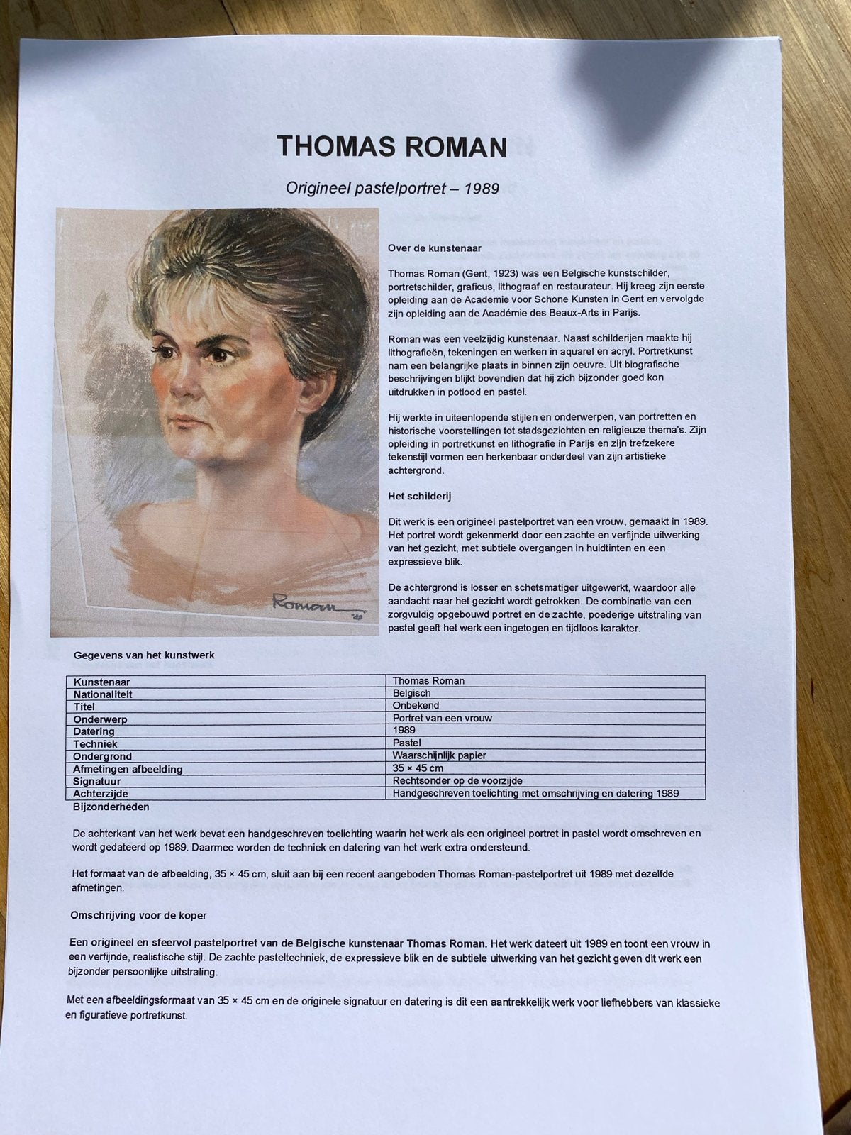 Origineel pastelportret Thomas Roman - 1989, Antiek en Kunst, Ophalen, Portret of Personen, Realistisch, Gesigneerd