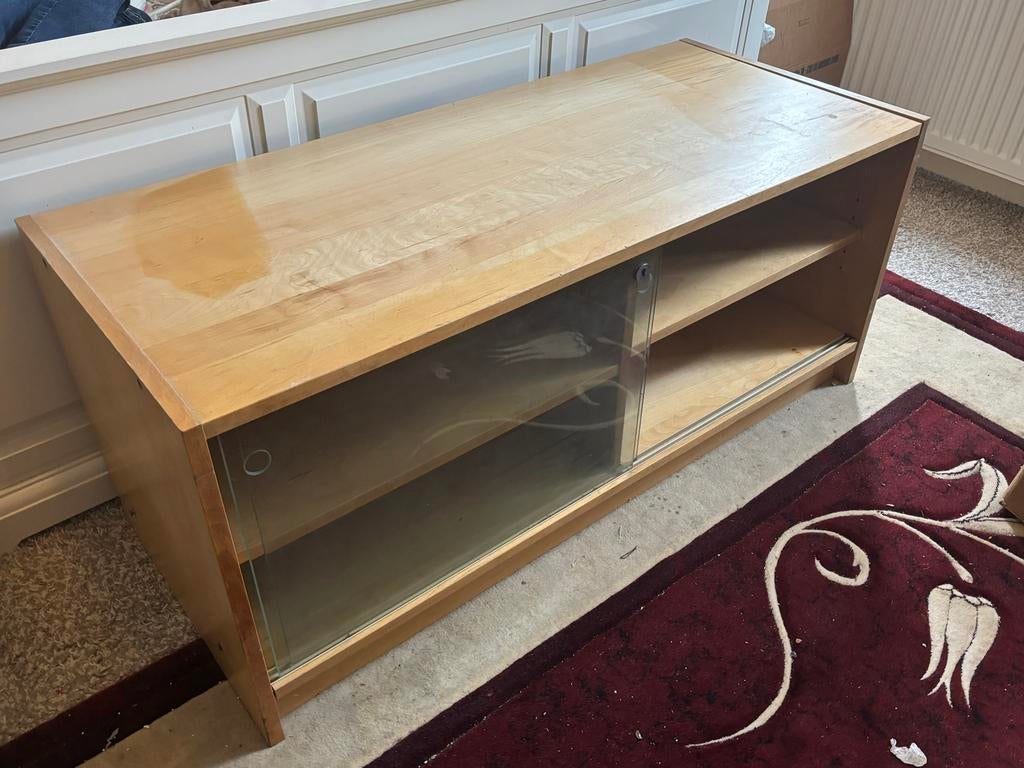 TV-meubel met glazen schuifdeuren, Huis en Inrichting, Kasten | Televisiemeubels, Ophalen, Gebruikt, 100 tot 150 cm, Minder dan 100 cm
