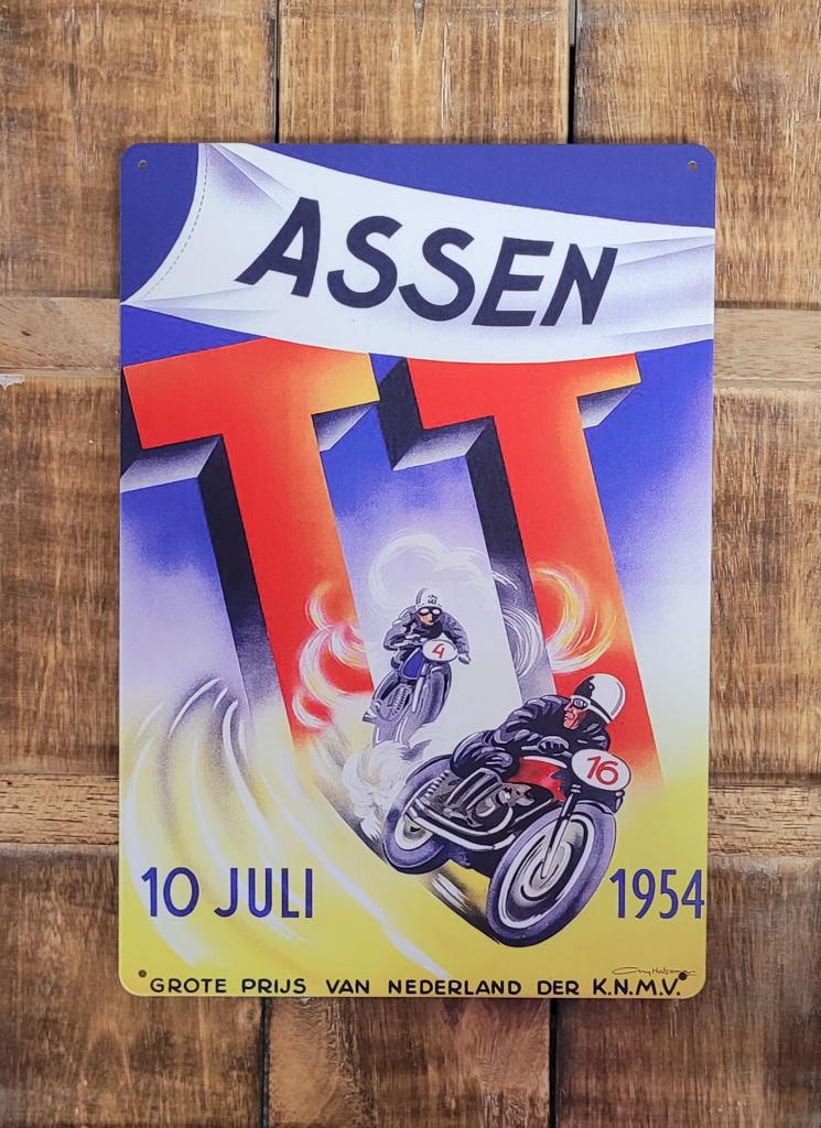 TT Assen Juli 1954 moto gp reclamebord van metaal wandbord, Reclamebord, Info@deconoord.nl, Deco Noord, Nieuw