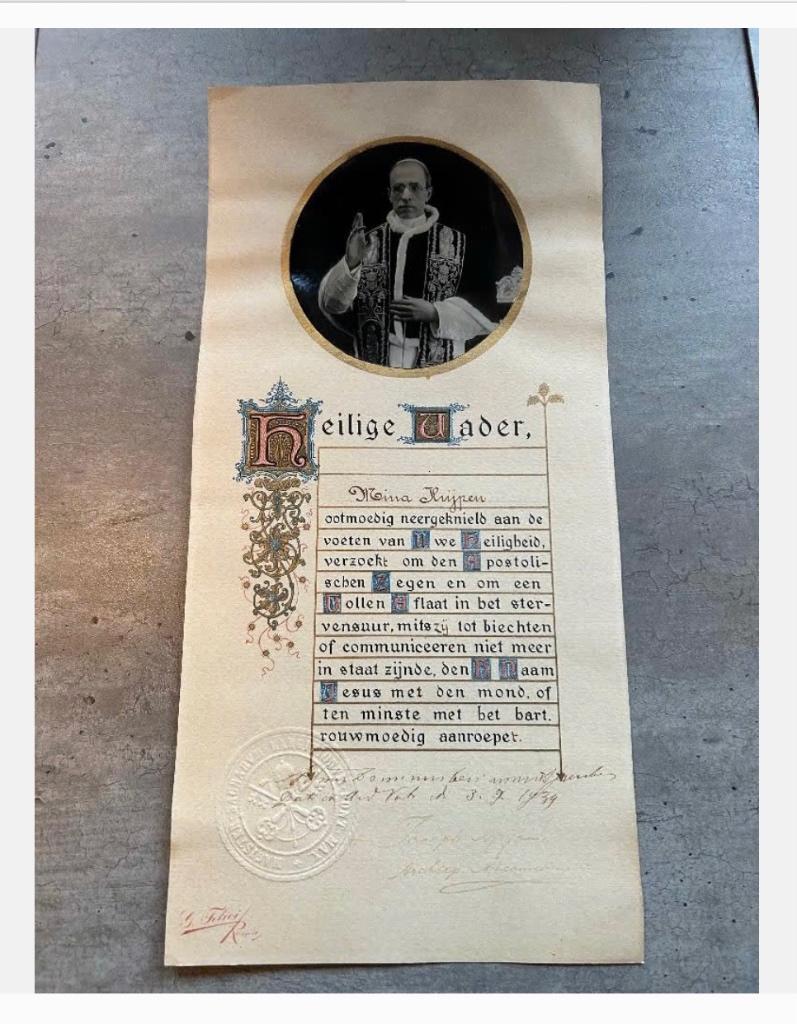 Kalligrafie antieke plaat Heilige Vader 1939, Ophalen of Verzenden
