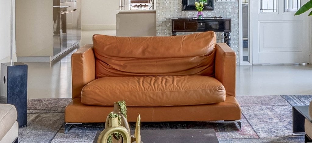 Flexform Long Island leren designbank 150 cm, Huis en Inrichting, Banken | Bankstellen, Ophalen, Gebruikt, 100 tot 125 cm, Leer