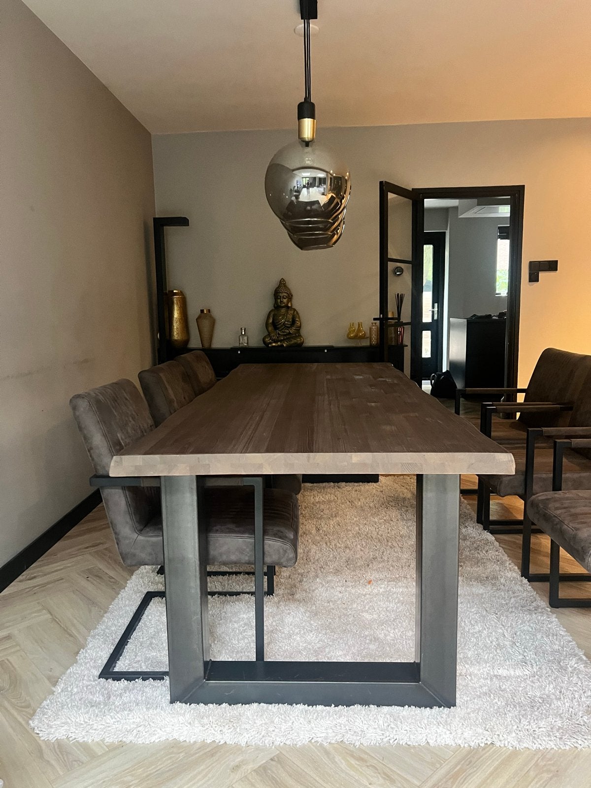 industriele eettafel met 6 armtoelen - Zo goed als nieuw, Huis en Inrichting, Ophalen, 100 tot 150 cm, Luxe industrieel, 200 cm of meer