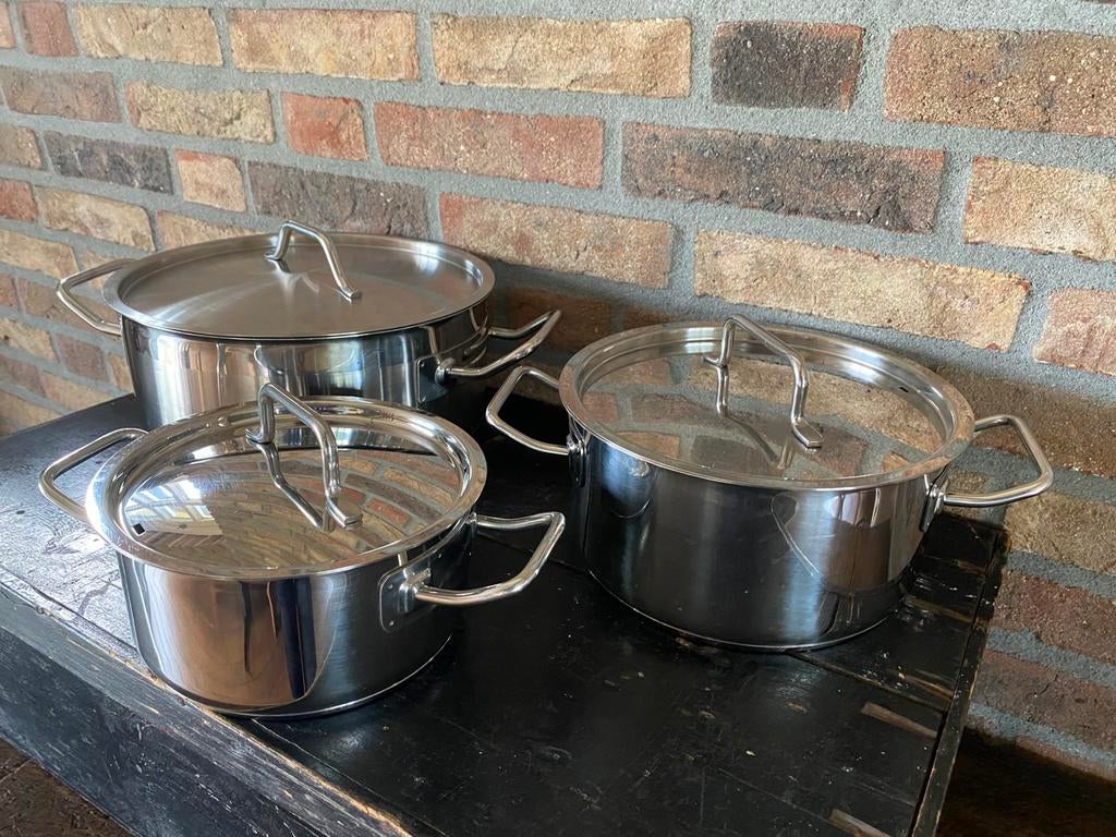 Set van 3 kookpannen, Ophalen of Verzenden, Gebruikt, Rvs, Pannenset