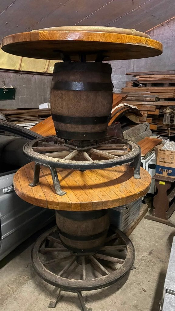 Industriële statafel van houten wijnvat 110 cm, Ophalen, Gebruikt