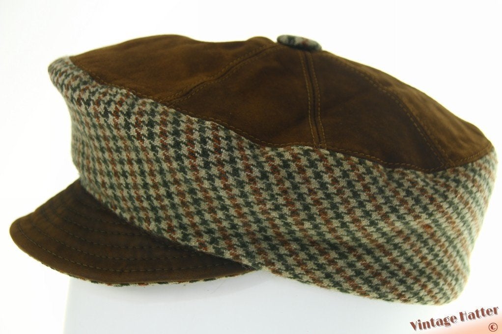 Vintage Panelenpet beige groen tweed met bruin leer 56,5, Ophalen of Verzenden, Gedragen, 57 cm (M, 7⅛ inch) of minder, Pet