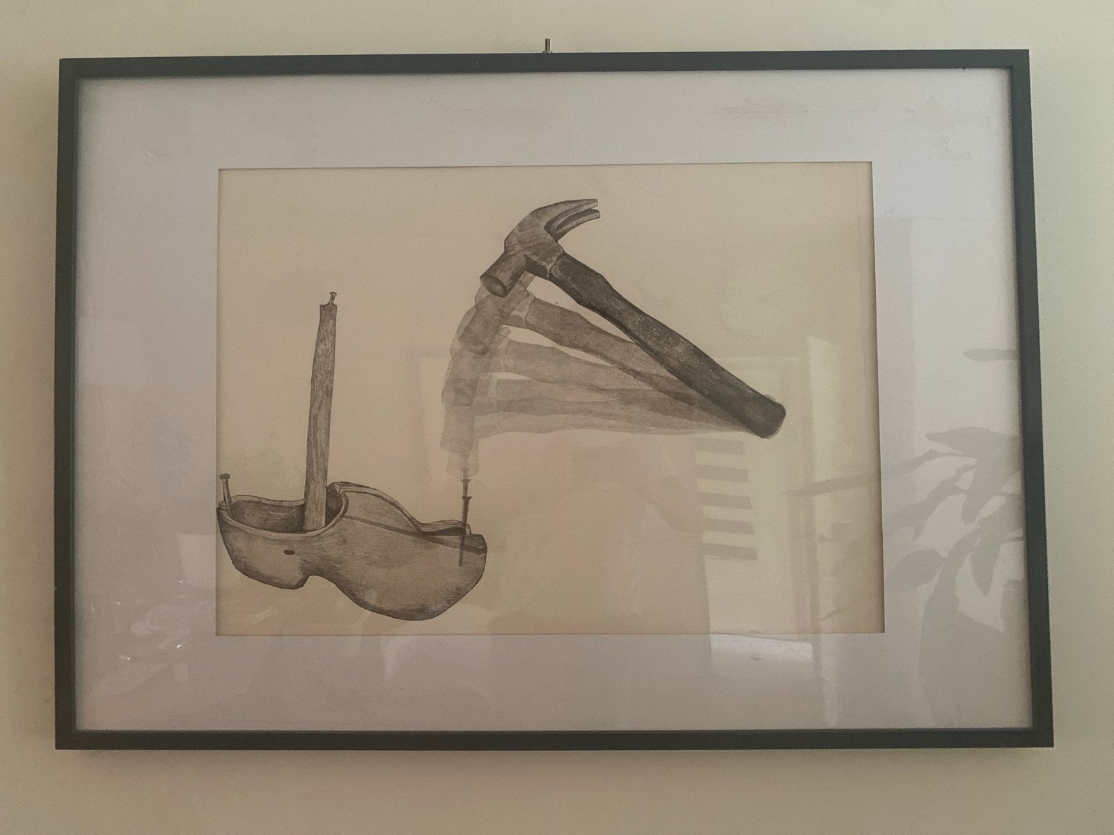 Bijzondere tekening: Hamer splijt klomp, Antiek en Kunst, Kunst | Tekeningen en Foto's, Ophalen, Tekening, Potloodtekening, Achter glas