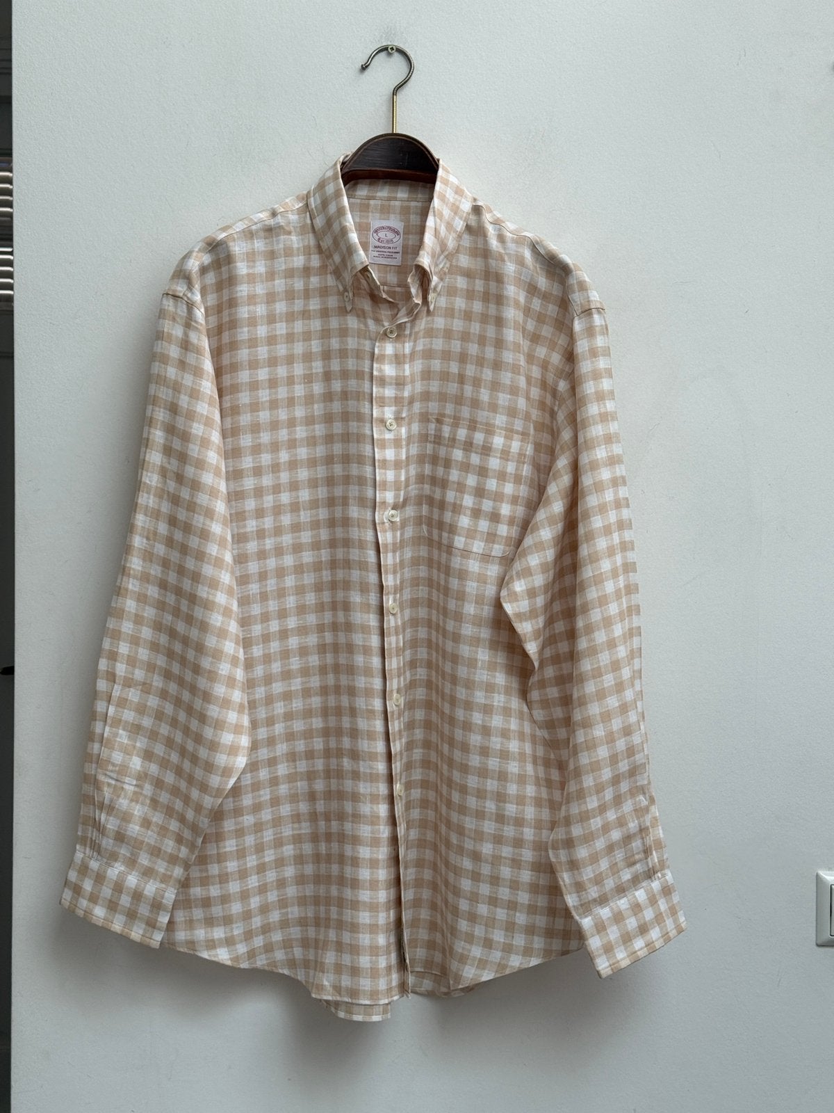 Brooks Brothers Madison Fit linnen geruit overhemd, Ophalen of Verzenden, Zo goed als nieuw, Beige, Halswijdte 41/42 (L)