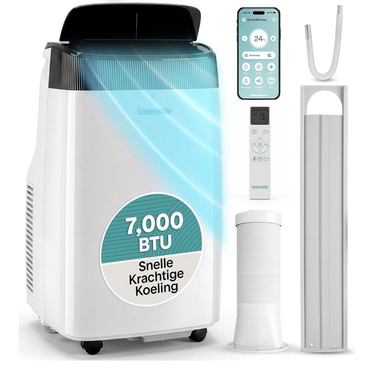 SereneLife Draagbare Airco 7000 BTU WiFi 3-in-1, Witgoed en Apparatuur, Airco's, Ophalen, Minder dan 60 m³, Nieuw, 3 snelheden of meer