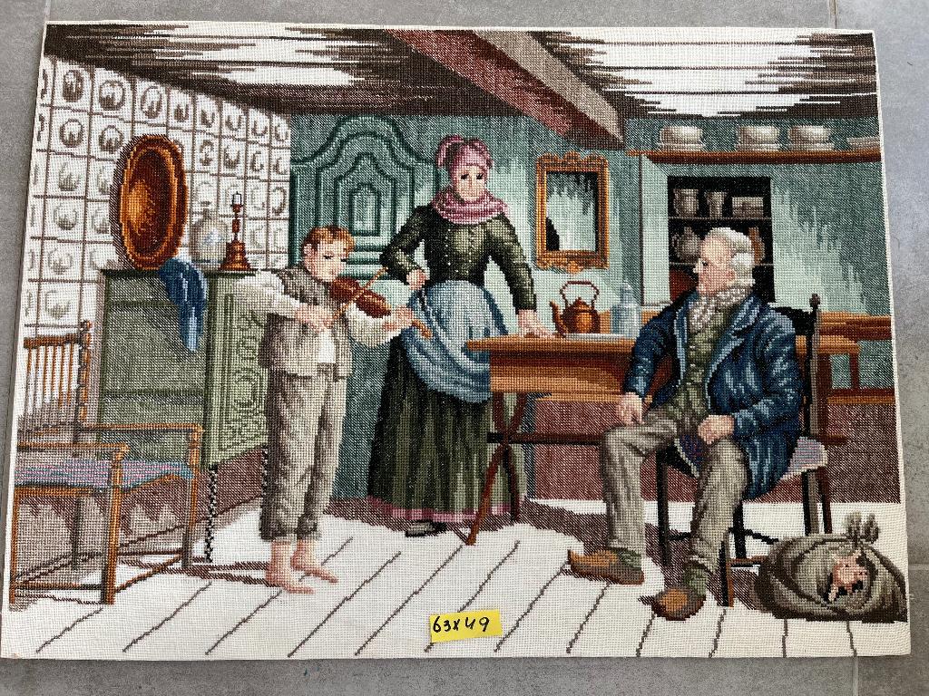 Mooi geborduurd "jongen speelt viool", Ophalen of Verzenden, Zo goed als nieuw, Schilderij, Minder dan 50 cm