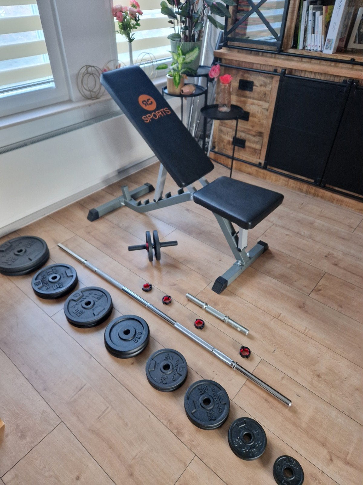 fitness bankje halterstang dumbell en 61kg gewichten, Sport en Fitness, Fitnessmaterialen, Ophalen, Fitnessbank