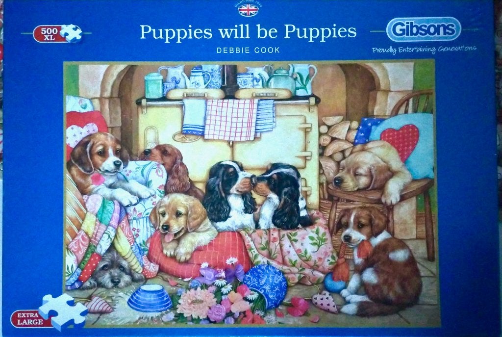 Gibsons puzzel 500 xl Puppies (1 stukje mist), Ophalen of Verzenden, 500 t/m 1500 stukjes, Zo goed als nieuw, Legpuzzel