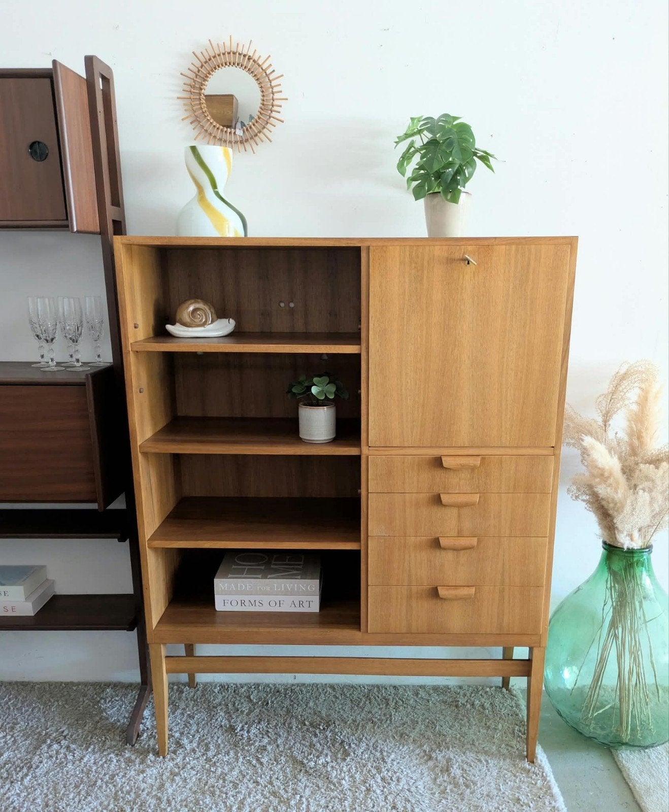 Vintage, midcentury highboard, boekenkast, barkast, Ophalen, Gebruikt, 100 tot 150 cm, .