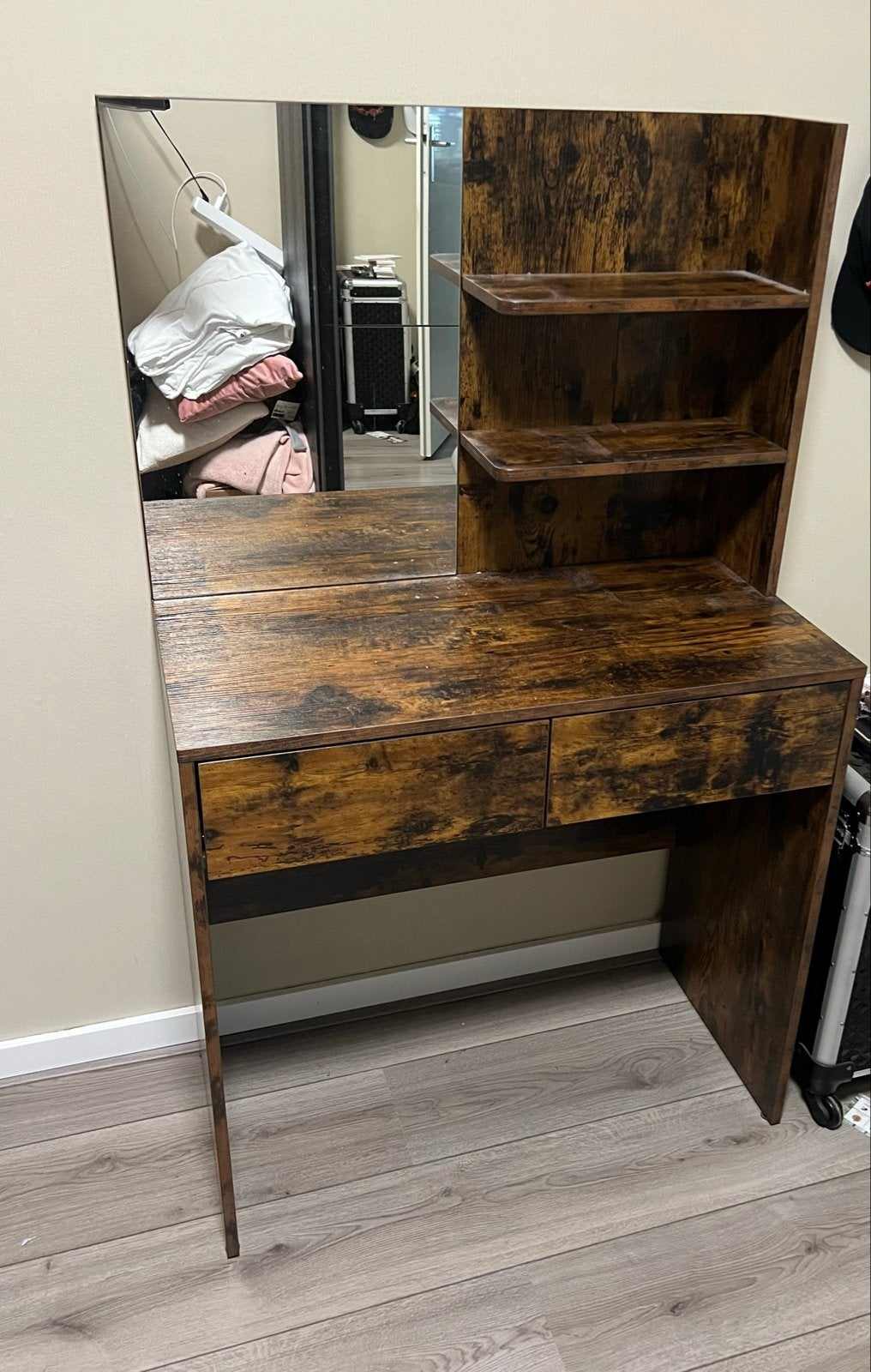 Vintage Look Kaptafel met Spiegel, opbergplanken en 2 lades, Ophalen, Gebruikt, 100 tot 150 cm, Vintage