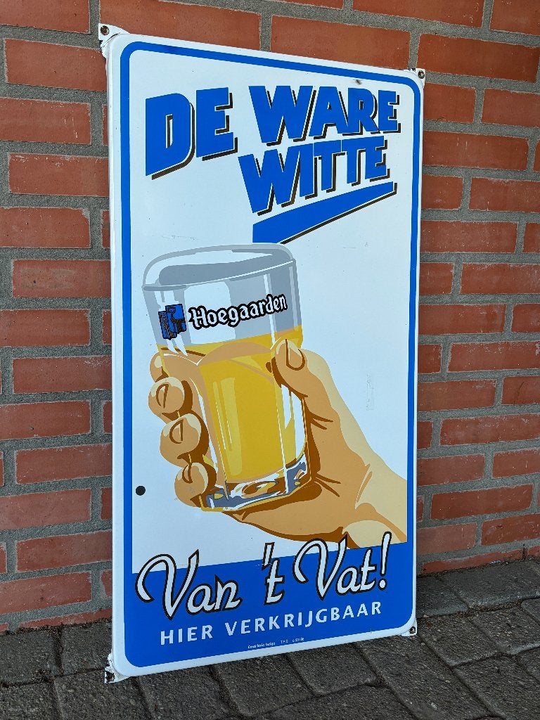 Hoegaarden Emaille Reclamebord - De Ware Witte van 't Vat, Verzamelen, Biermerken, Ophalen of Verzenden, Zo goed als nieuw, Reclamebord, Plaat of Schild