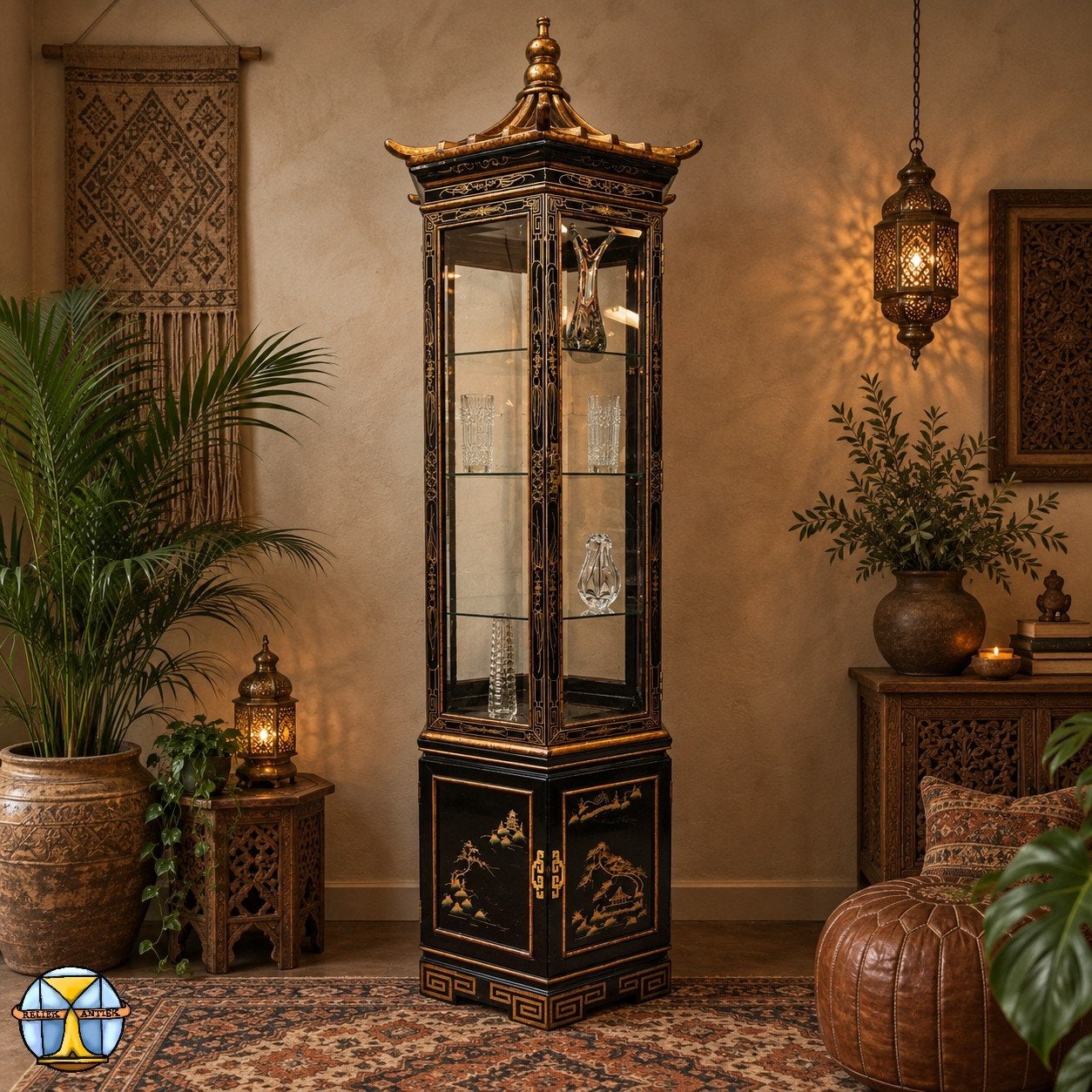 Vintage Chinese Vitrinekast Pagode dak (verlichting) Asian, Met deur(en), 200 cm of meer, Nieuw, .