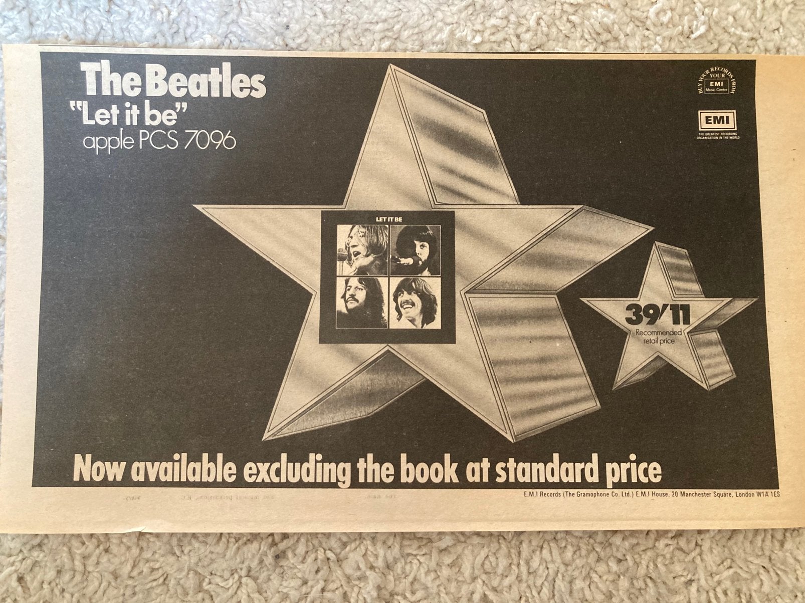 Paginagrote A4 advertentie BEATLES Let It Be release, Ophalen of Verzenden