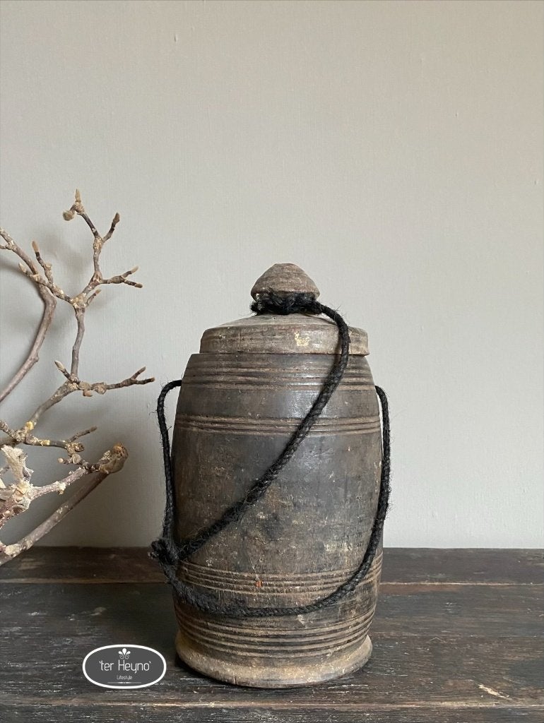 Oude houten kruik met deksel pot hout stoer sober landelijk, Hout, Verzenden, Nieuw, Landelijk