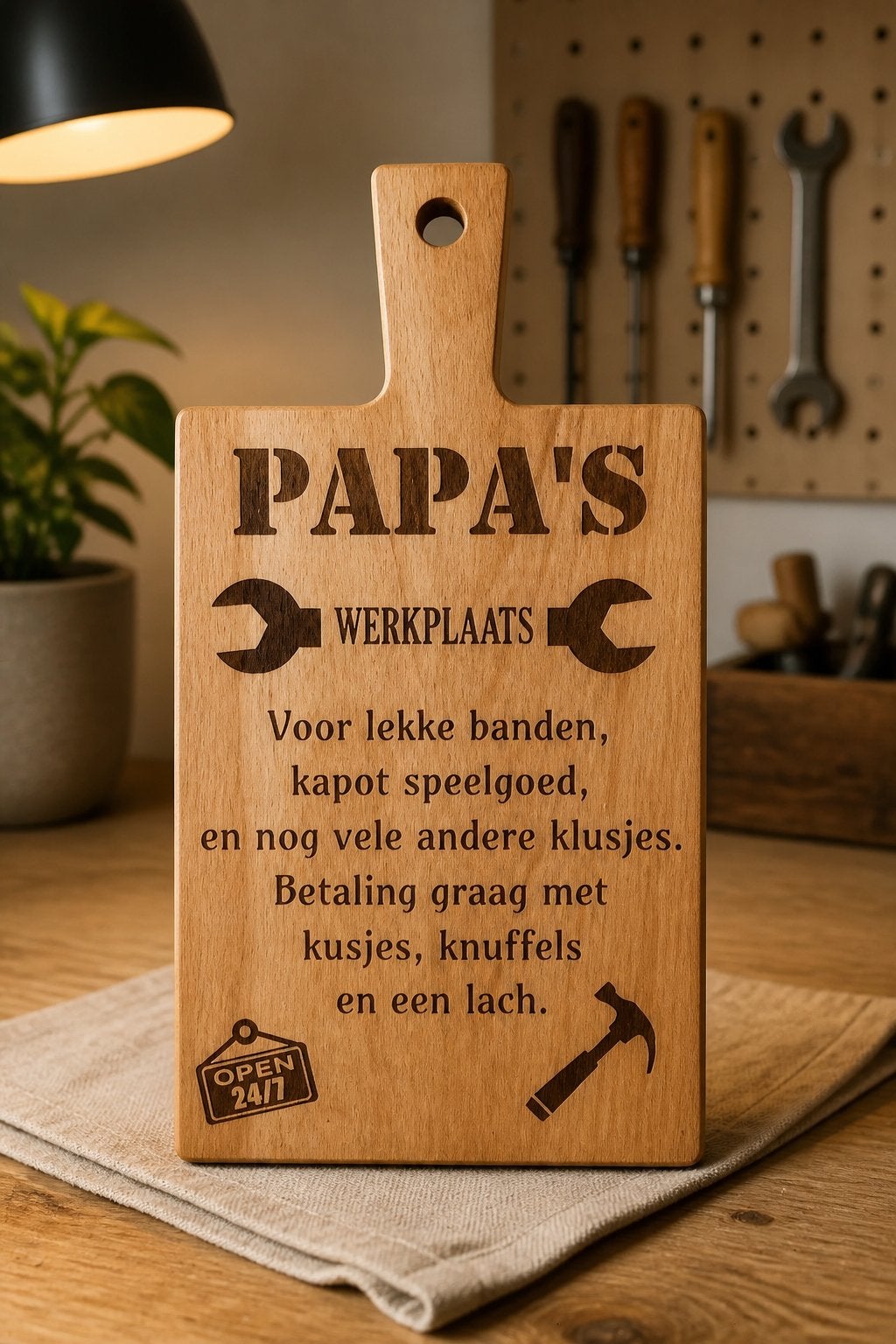 Papa's Werkplaats Plank - Uniek Cadeau voor Papa, Hout, Overige stijlen, Nieuw, Ophalen of Verzenden