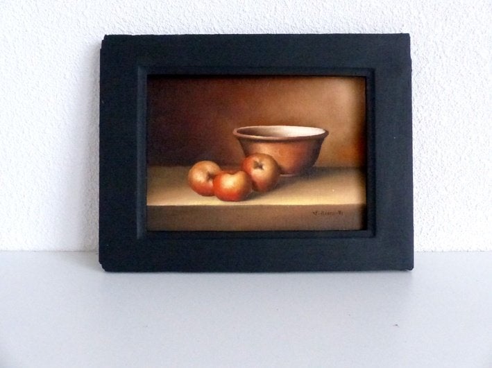 Klein schilderijtje stilleven met appels en een kom, Ophalen of Verzenden, Stilleven