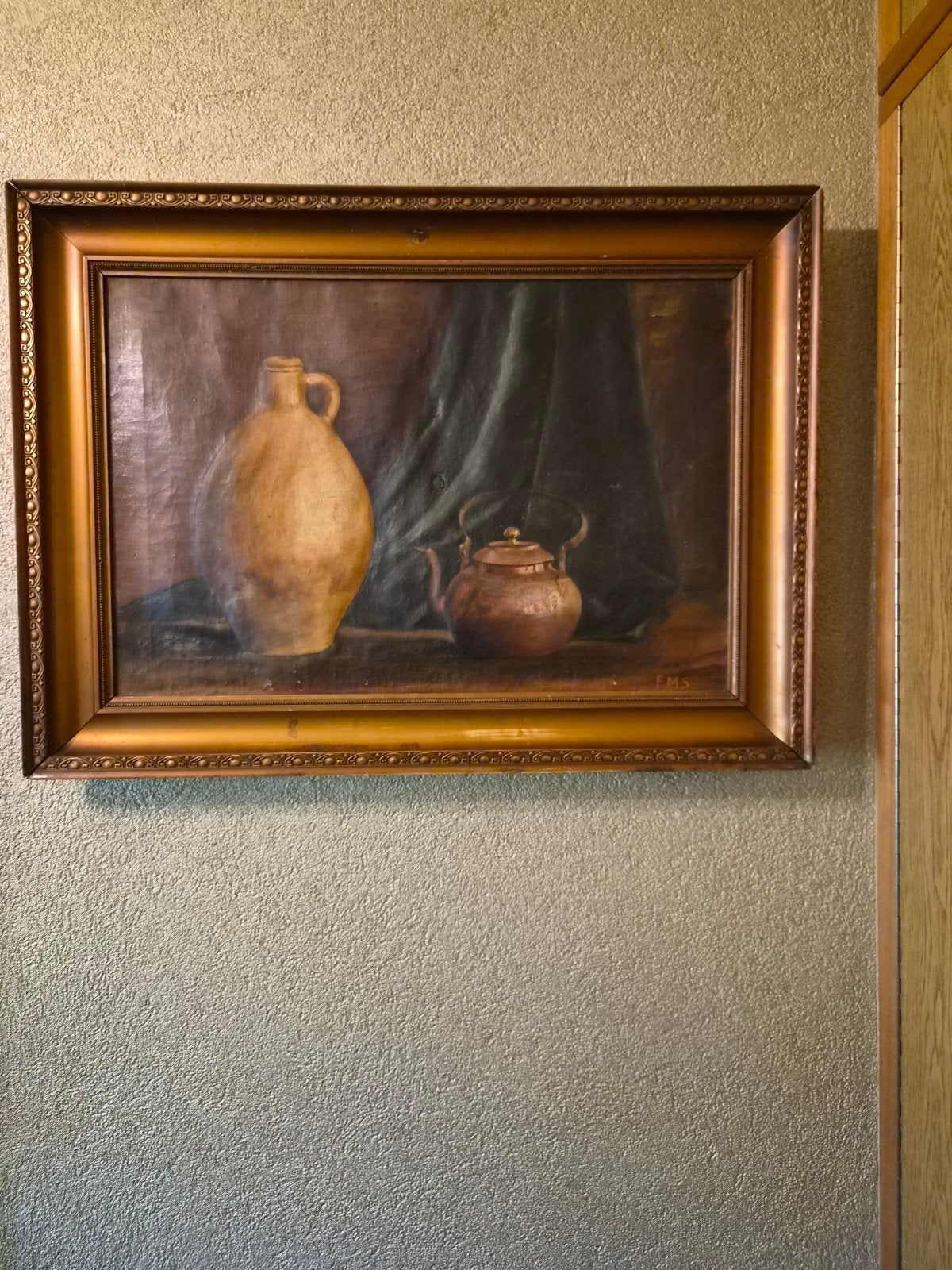 Klassiek stilleven met kan en theepot, gesigneerd F.M.S., Antiek en Kunst, Ophalen of Verzenden